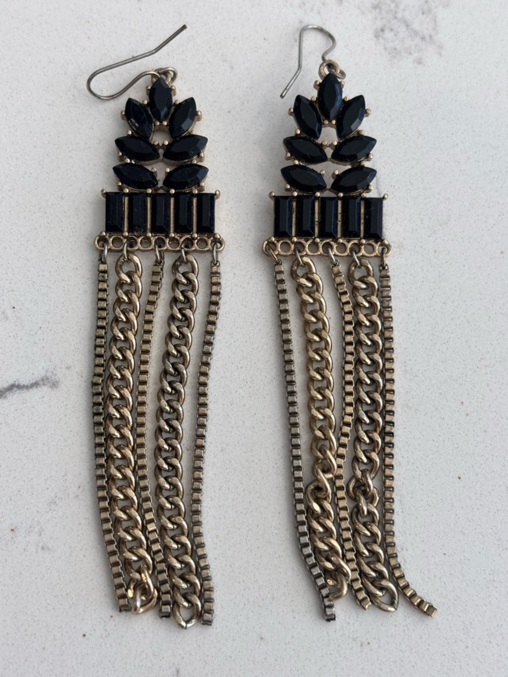 Black Rhinestone Gold Tone Fringe Chandelier Statement Earrings Mixed Chain Drop
